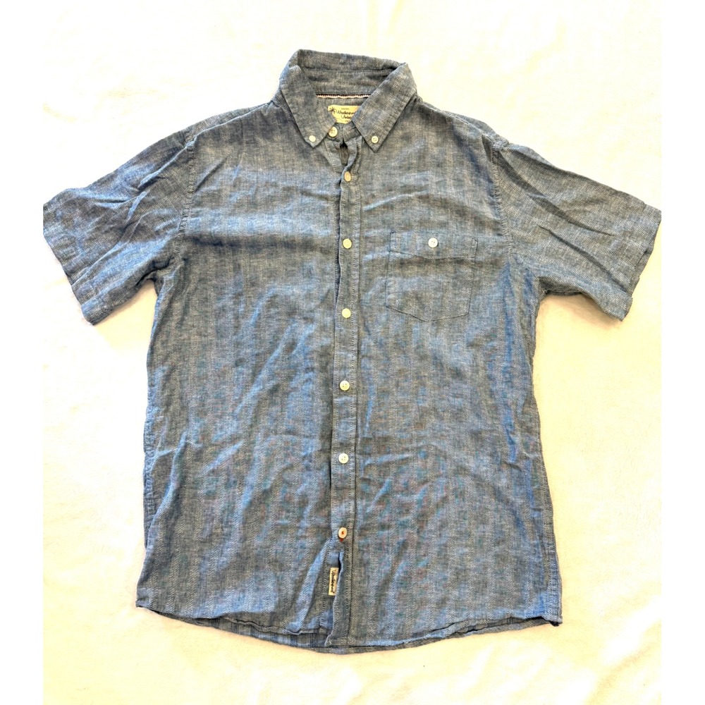 Weatherproof Vintage Mens Blue Linen Blend Striped Short Sleeve Shirt Medium